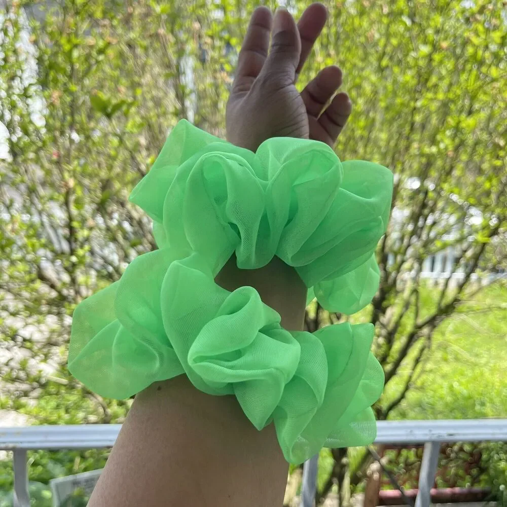 New Green Neon Mesh Scrunchie Hair Tie 2 XLarge Set